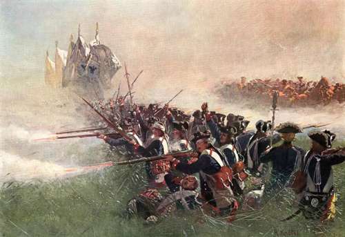 Сражение при Колине (1757 г.) Прусская пехота I бат. Гвардии (№15) под атакой австрийских драгун.