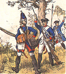 Гренадер, мушкетер и офицер пехотного полка ф. Форкада (№23). 1756 год. (Р. Кнотель)