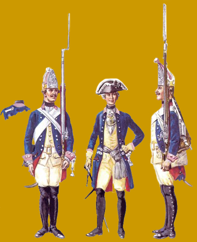Фузилер. офицер и гренадер 7-го пехотного полка 1756 г. (Л.& Ф. Функен)